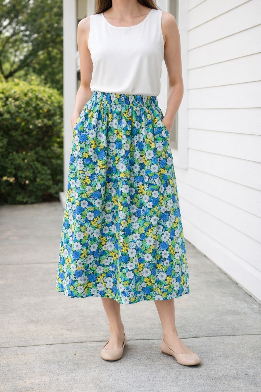1901 Brand Floral Midi Skirt Blues Green Gold Floral Small NWT Preppy Casual